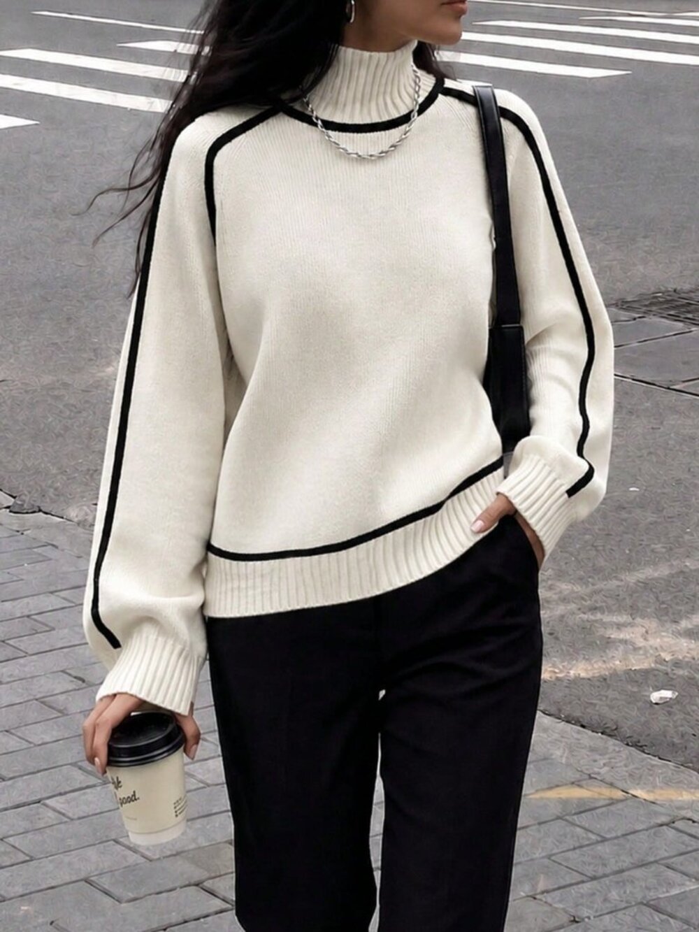 Apricot Casual Women's French Style Colorblock High Neck Pullover Sweater